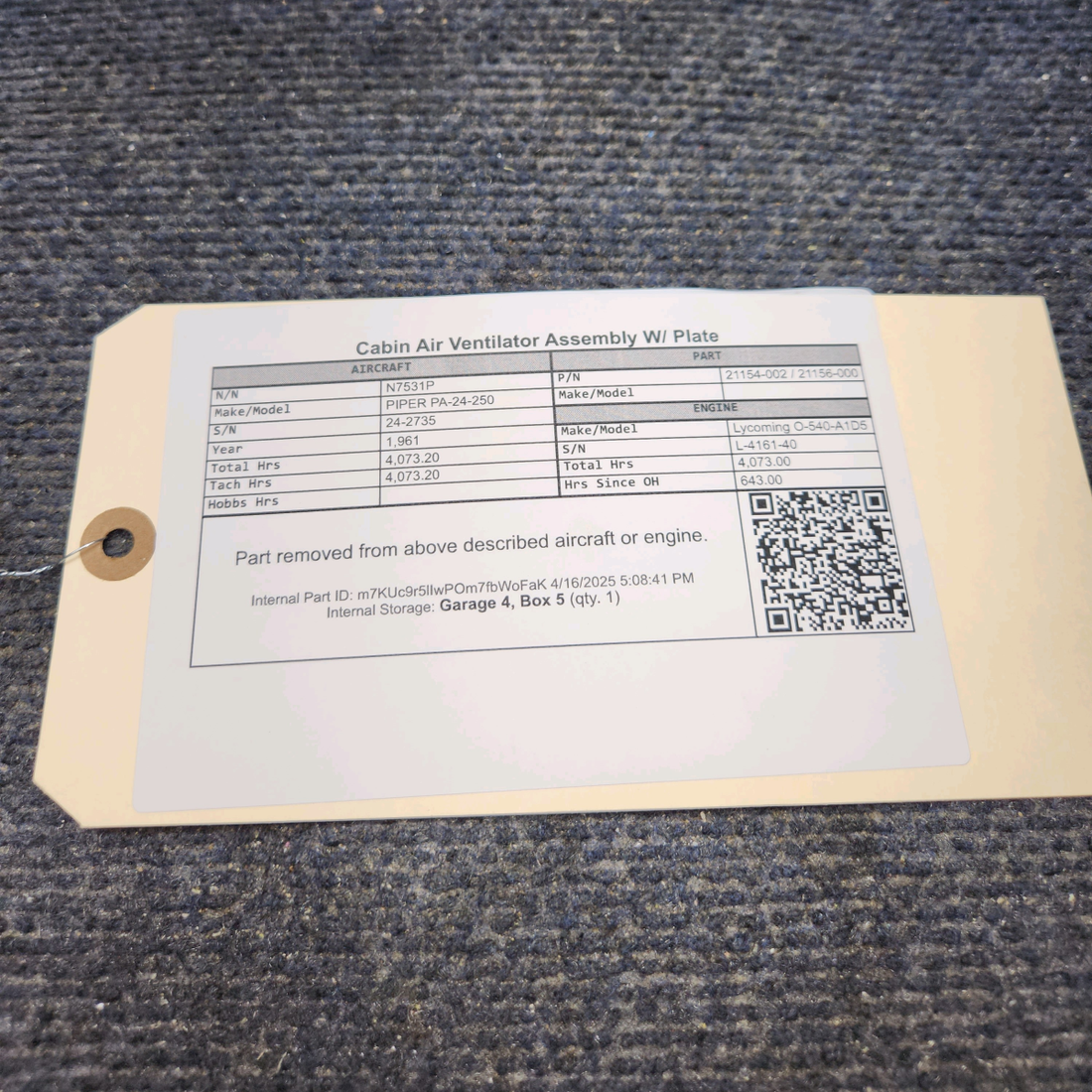 Used aircraft parts for sale, 21154-002 / 21156-000 PIPER PA-24-250 Cabin Air Ventilator Assembly W/ Plate