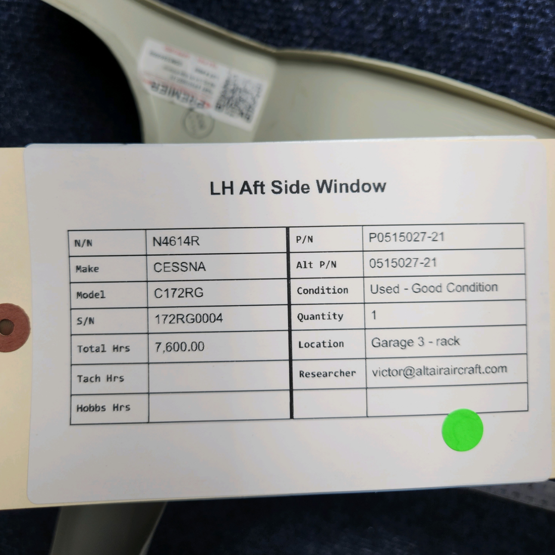 Used aircraft parts for sale, P0515027-21 Cessna CESSNA C172RG LH AFT SIDE WINDOW