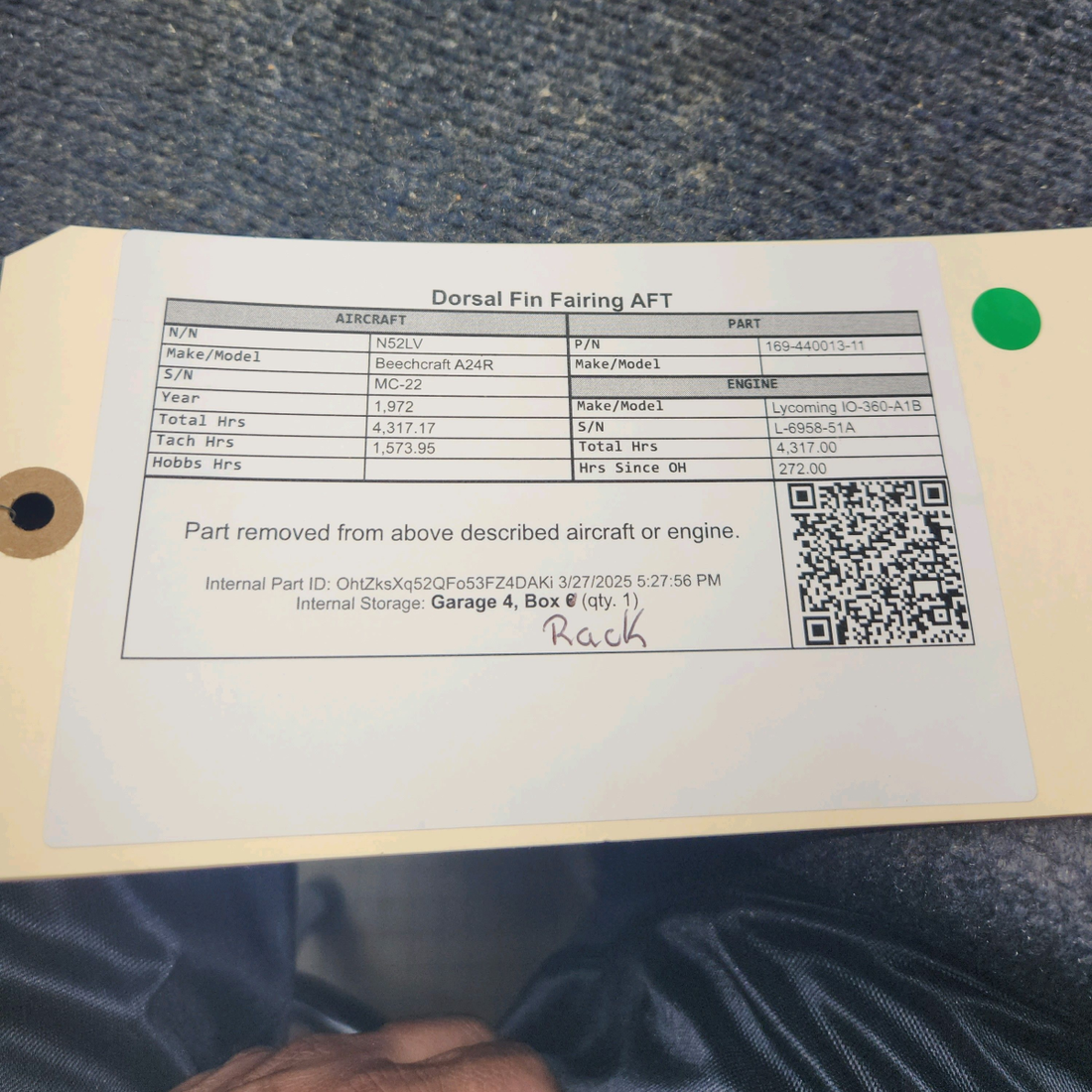 Used aircraft parts for sale, 169-440013-11 Beechcraft A24R Dorsal Fin Fairing AFT