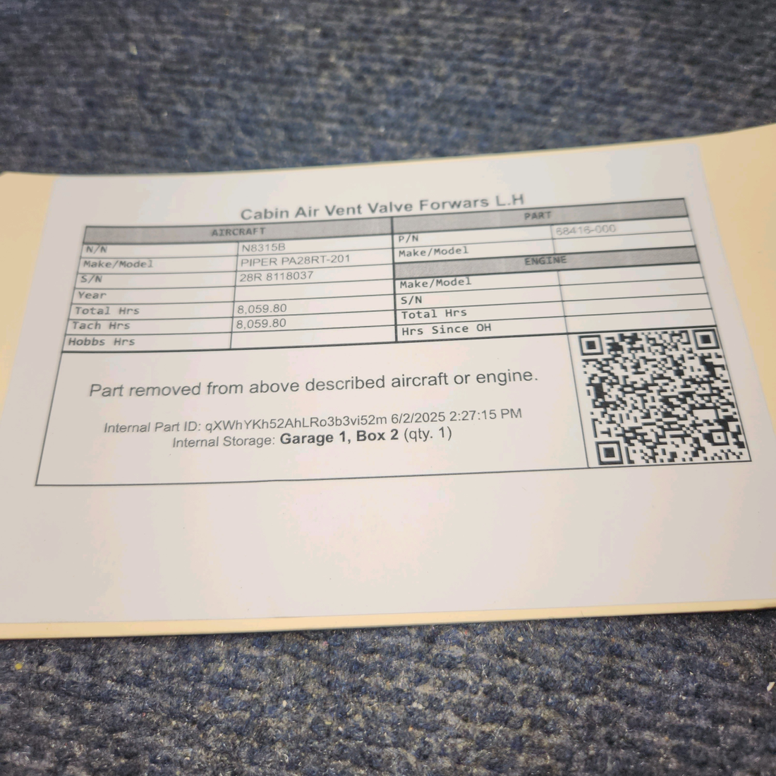 Used aircraft parts for sale, 68416-000 PIPER PA28RT-201 Cabin Air Vent Valve Forward L.H