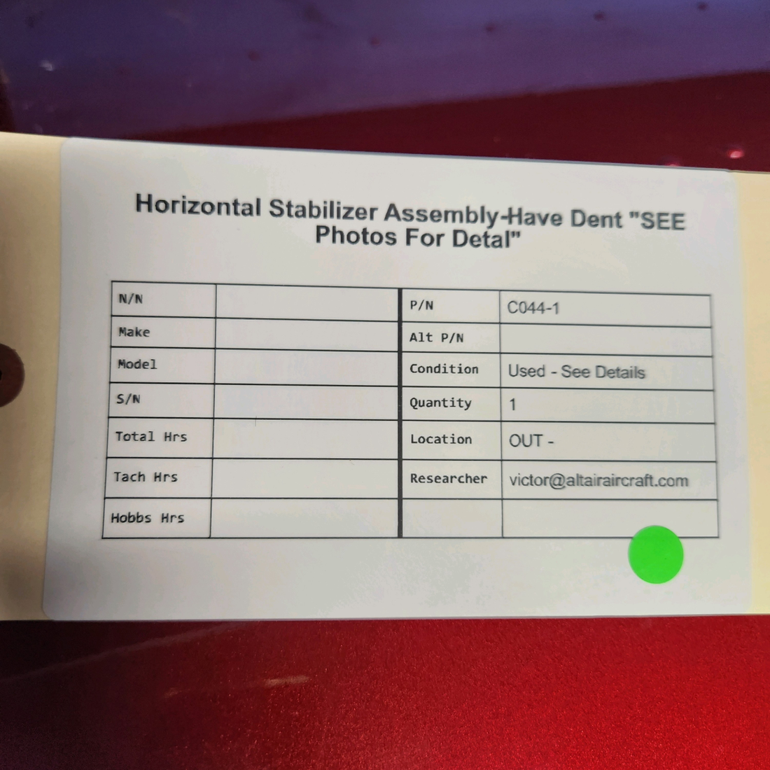 Used aircraft parts for sale, C044-1 Robinson  [part_model] Robinson R44 Raven II HORIZONTAL STABILIZER ASSEMBLY-HAVE DENT "SEE PHOTOS FOR DETAL"