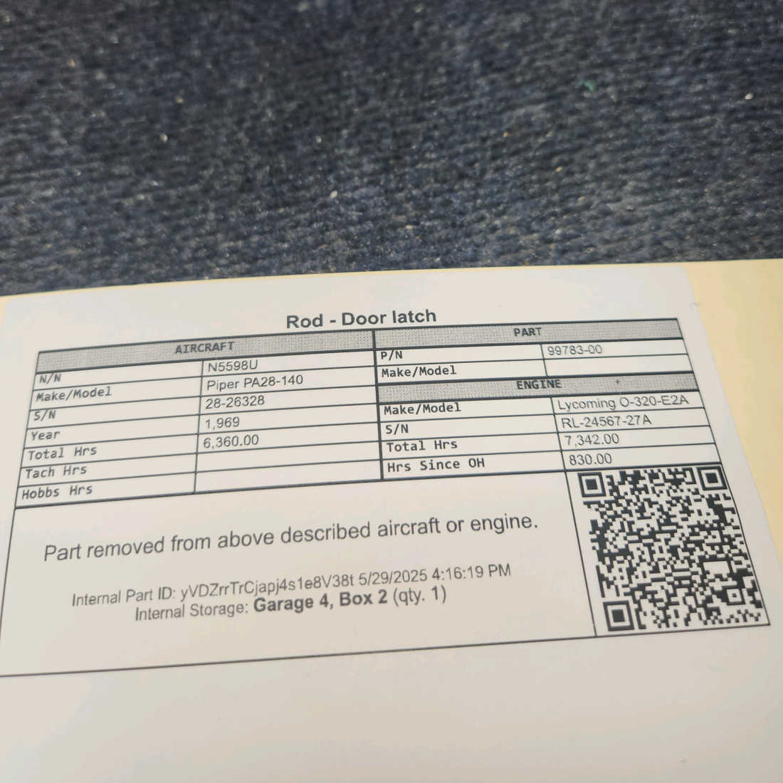 Used aircraft parts for sale, 99783-00 Piper PA28-140 Rod - Door latch