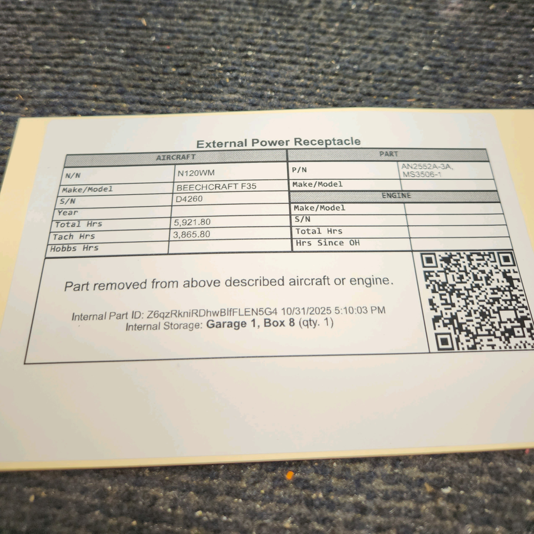 Used aircraft parts for sale, AN2552A-3A BEECHCRAFT F35 External Power Receptacle