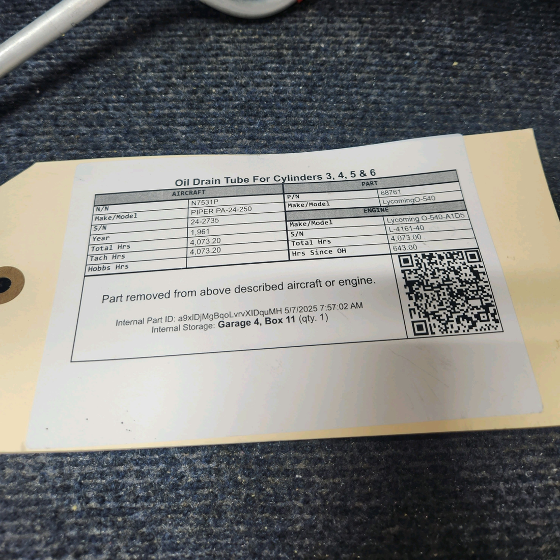 Used aircraft parts for sale, 68761 Lycoming O-540 PIPER PA-24-250 Oil Drain Tube For Cylinders 3, 4, 5 & 6