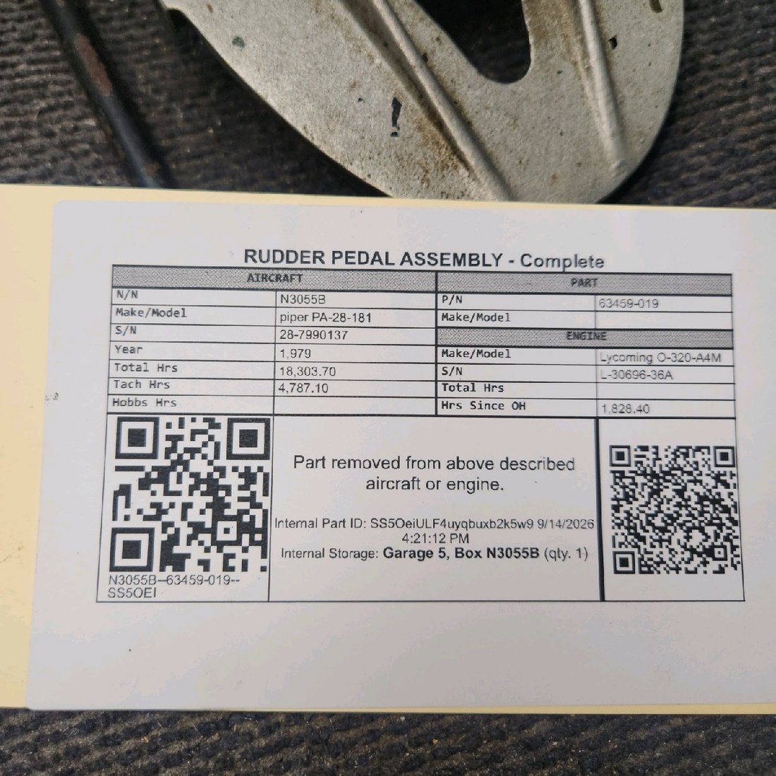 Used aircraft parts for sale, 63459-019 piper PA-28-181 Complete Rudder Pedal Assembly