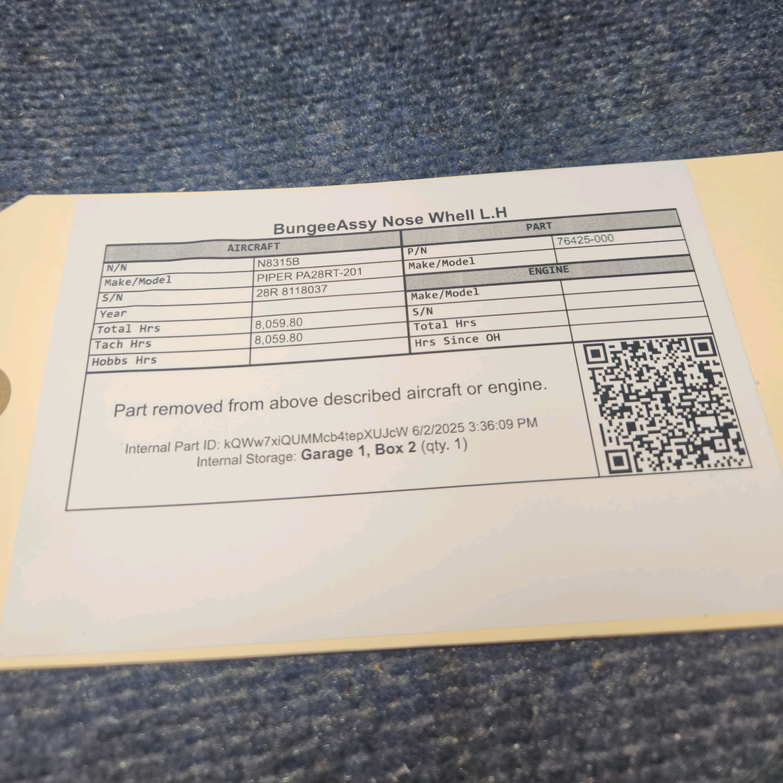 Used aircraft parts for sale, 76425-000 PIPER PA28RT-201 Bungee Assy Nose Wheel LH