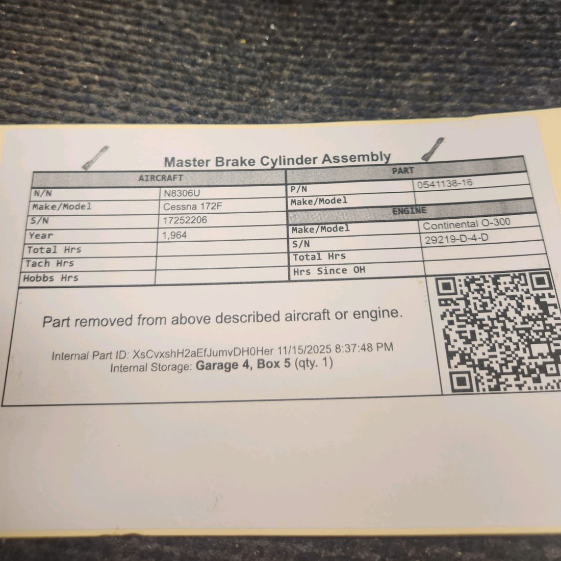 Used aircraft parts for sale, 0541138-16 Cessna 172F Master Brake Cylinder Assembly