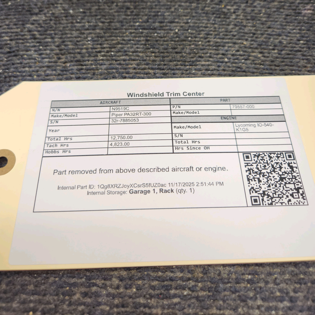 Used aircraft parts for sale, 79557-000 Piper PA32RT-300 Windshield Trim Center