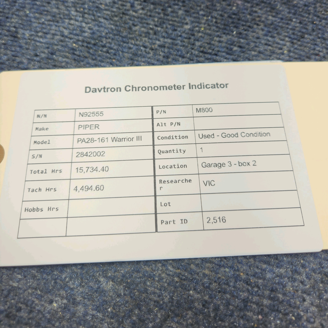 Used aircraft parts for sale, M800 PIPER PA28-161 Warrior III DAVTRON CHRONOMETER INDICATOR