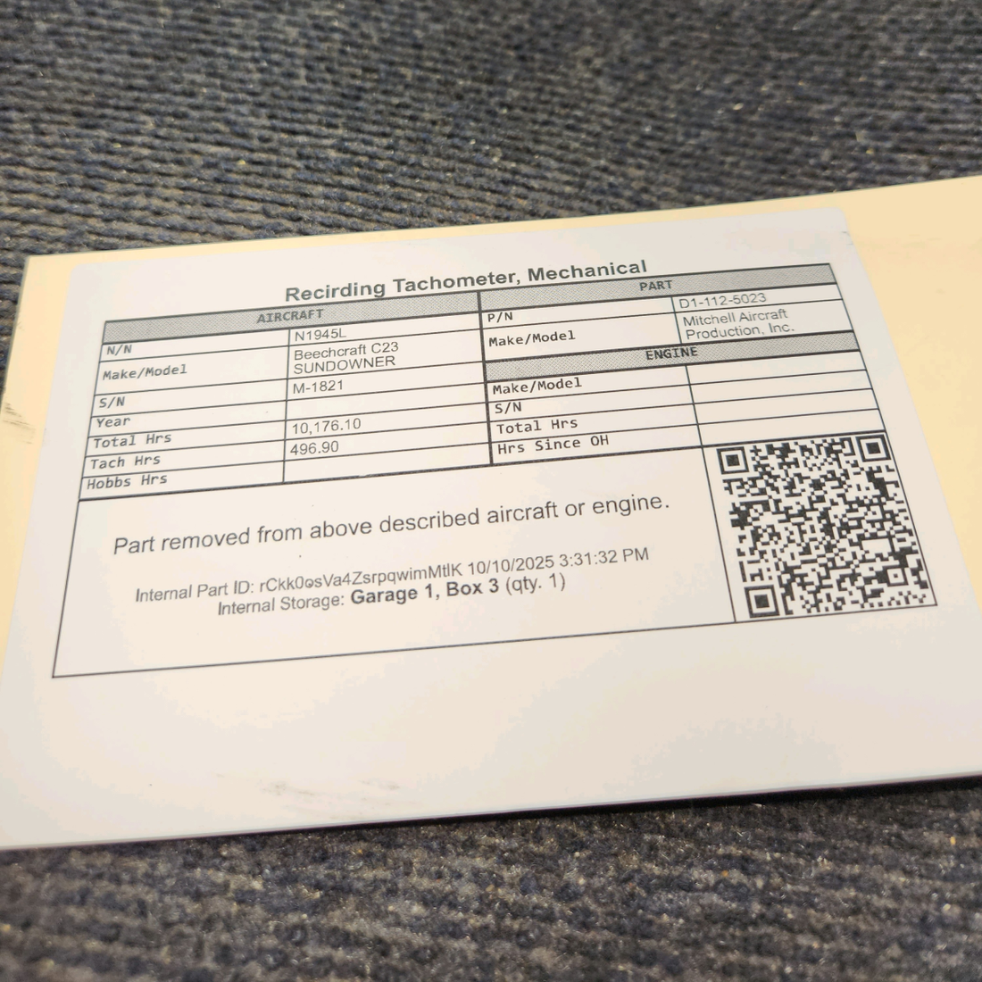 Used aircraft parts for sale, D1-112-5023 Mitchell Aircraft Production, Inc. Beechcraft C23 SUNDOWNER Recording Tachometer, Mechanical