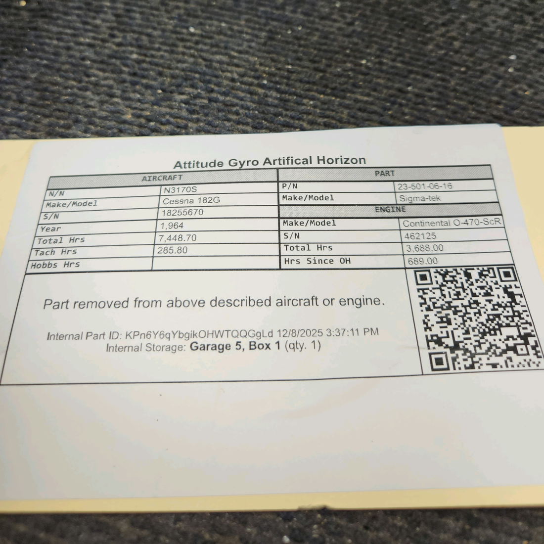 Used aircraft parts for sale, 23-501-06-16 Sigma-tek Cessna 182G Attitude Gyro Artifical Horizon