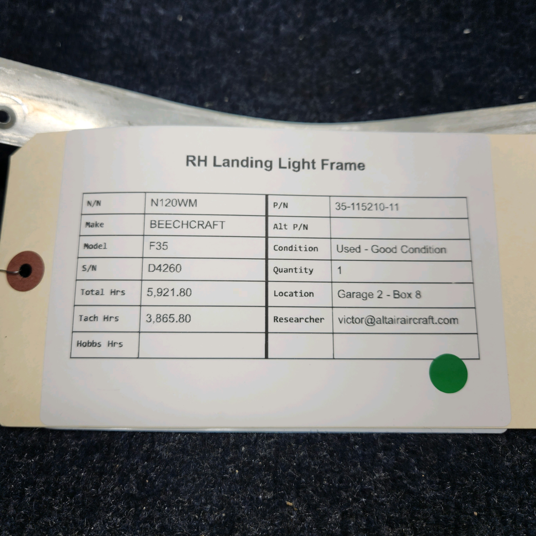 Used aircraft parts for sale, 35-115210-11 BEECHCRAFT F35 RH LANDING LIGHT FRAME