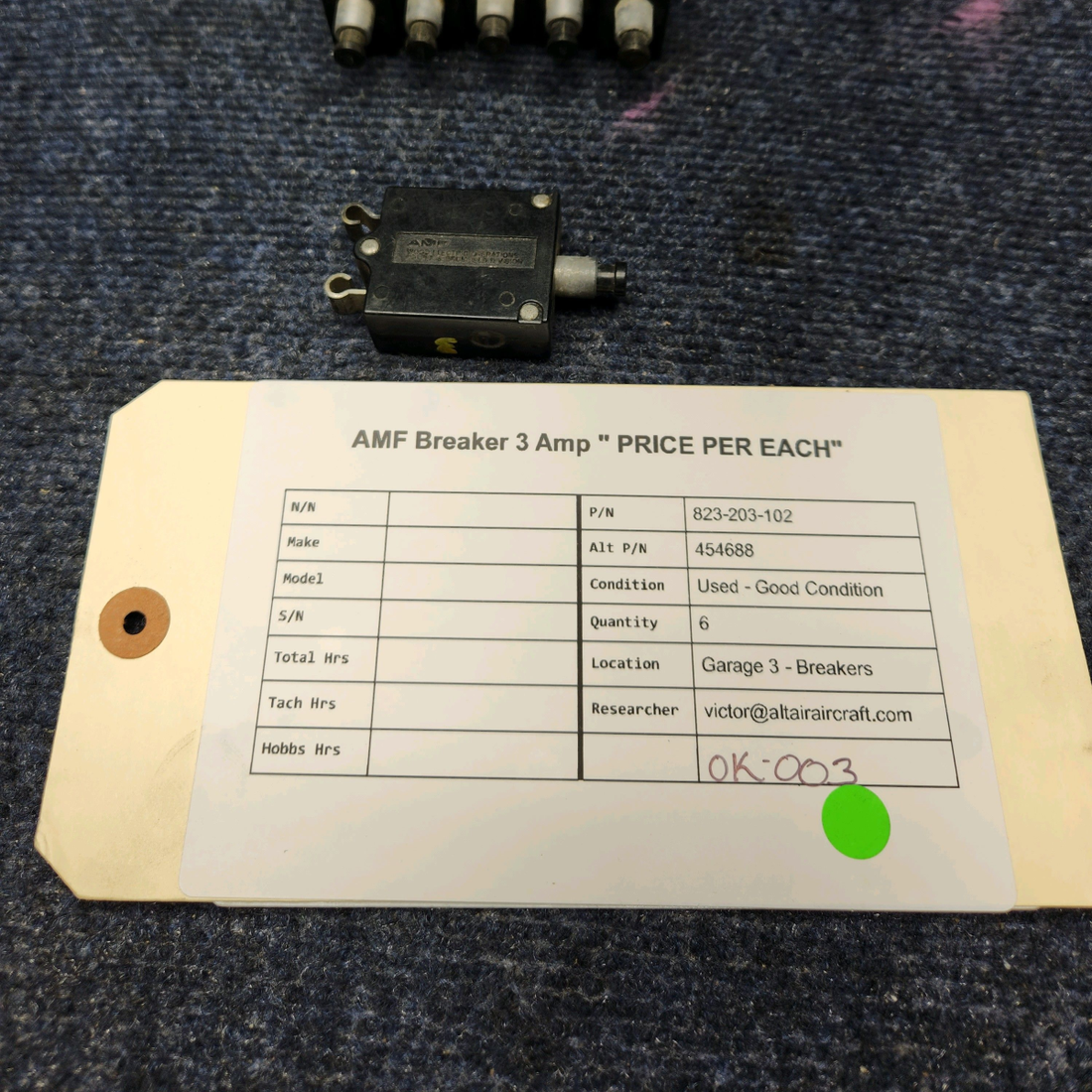 Used aircraft parts for sale, 823-203-102 Wood Piper Pa-31T AMF BREAKER 3 AMP " PRICE PER EACH"