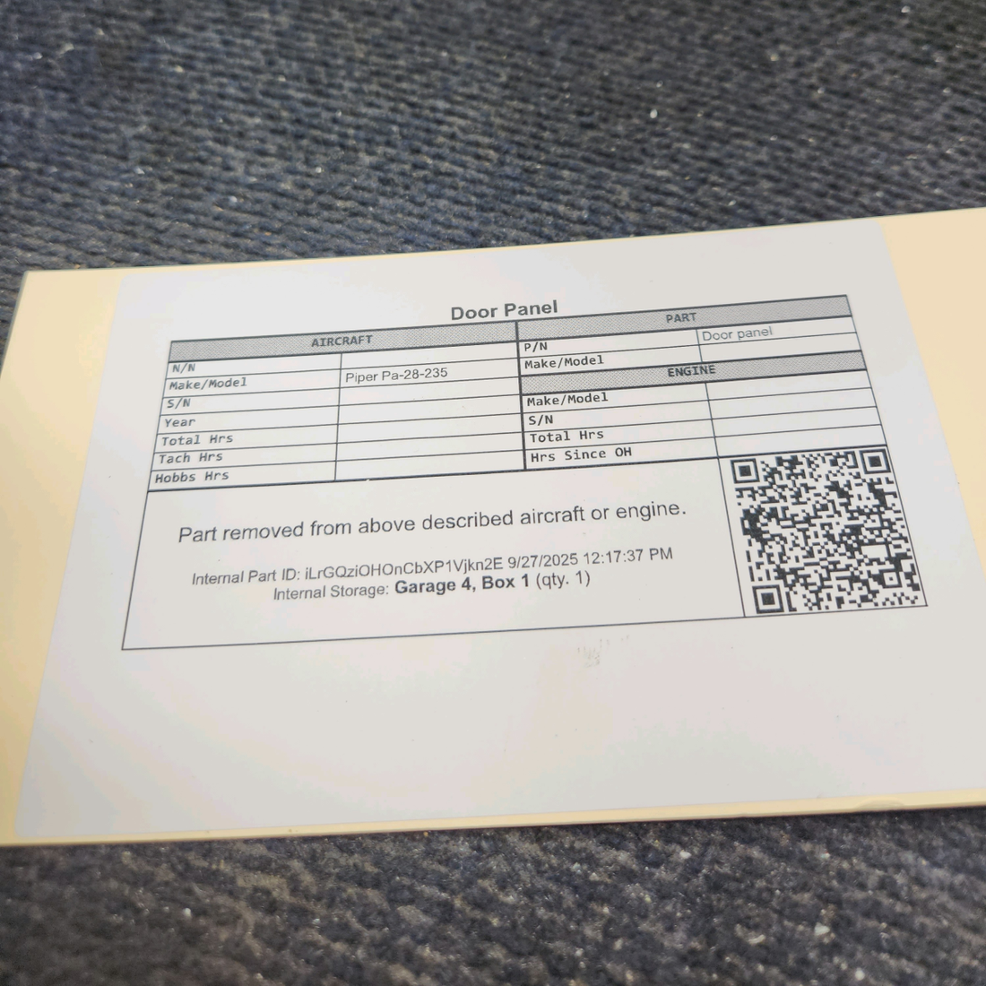 Used aircraft parts for sale, Door panel Piper Pa-28-235 Door Panel