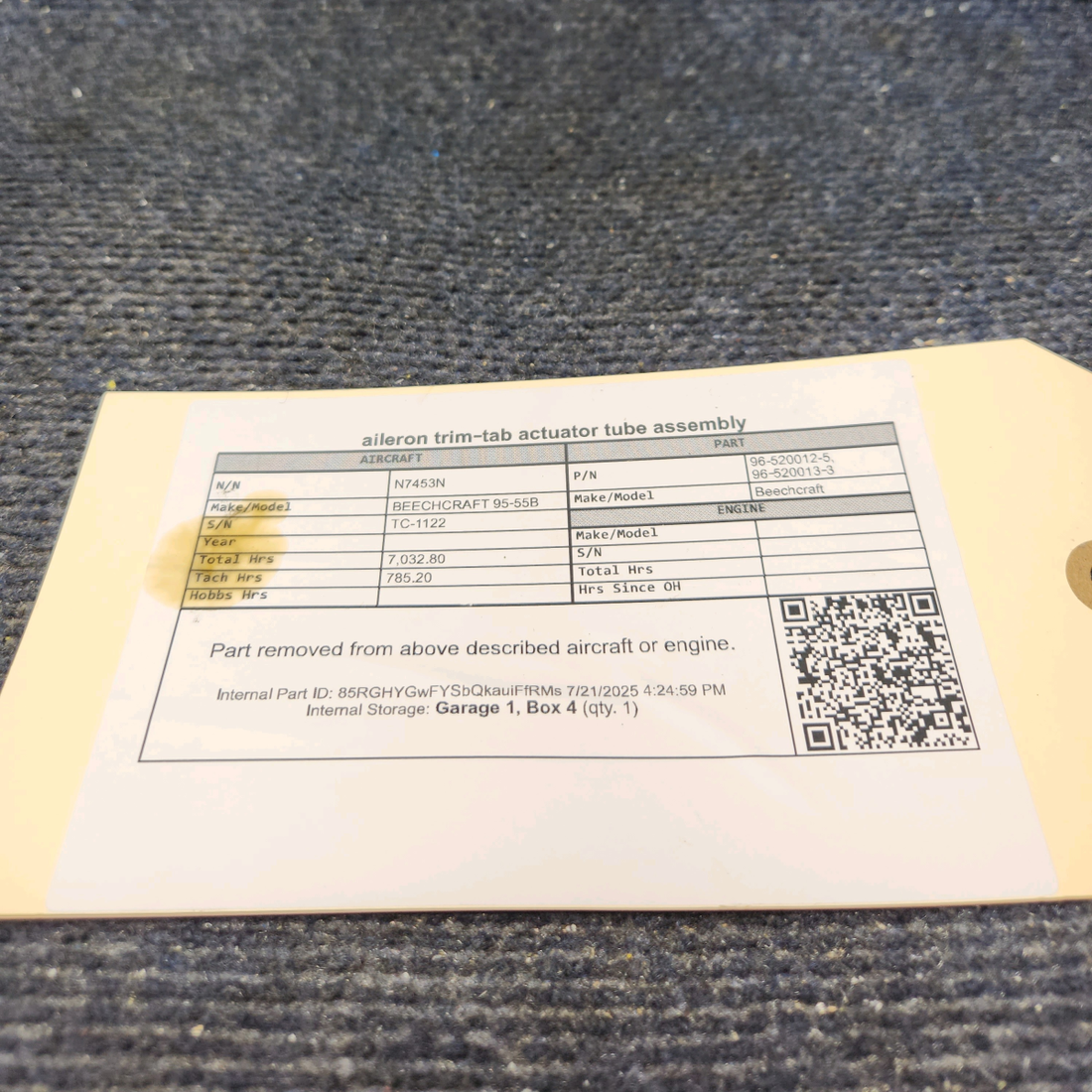Used aircraft parts for sale, 96-520012-5 BEECHCRAFT 95-55B Aileron Trim Tab Actuator Tube Assy