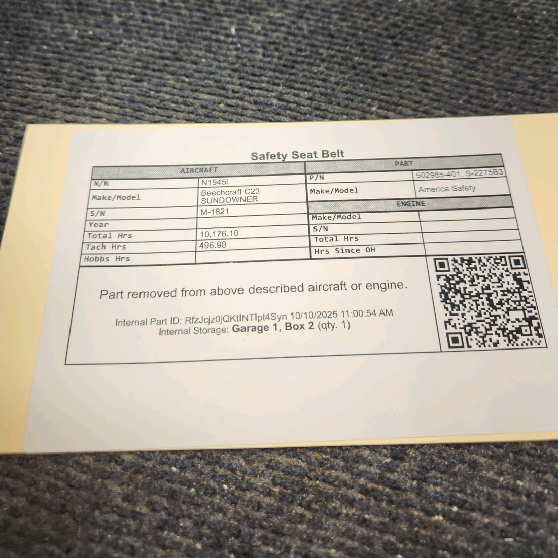 Used aircraft parts for sale, 502985-401 America Safety Beechcraft C23 SUNDOWNER Safety Seat Belt