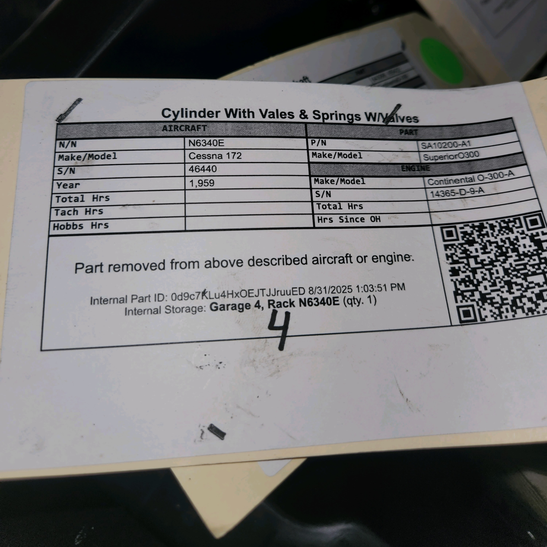 Used aircraft parts for sale, SA10200-A1 Superior O-300 Cessna 172 Cylinder with Valves and Springs