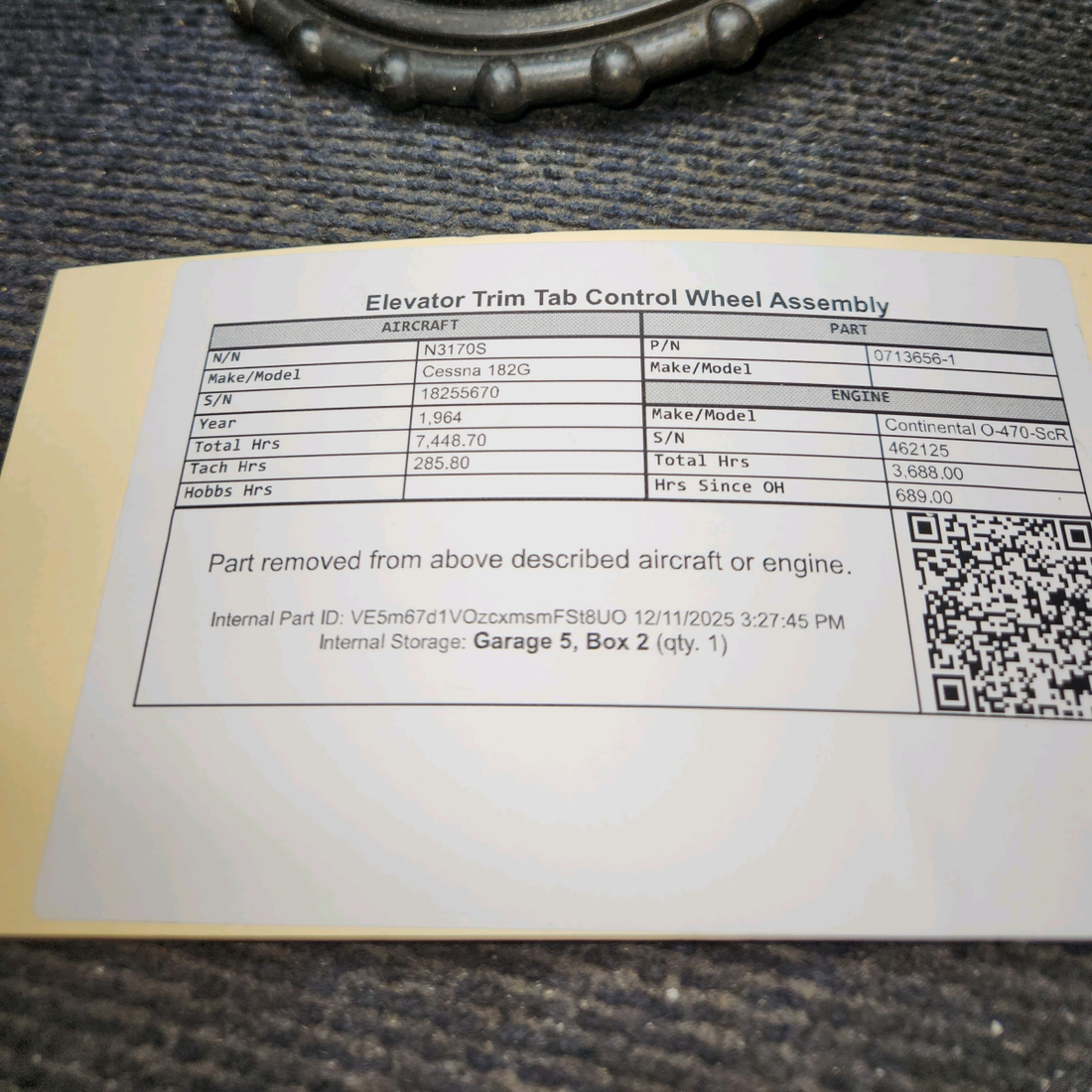 Used aircraft parts for sale, 0713656-1 Cessna 182G Elevator Trim Tab Control Wheel Assembly