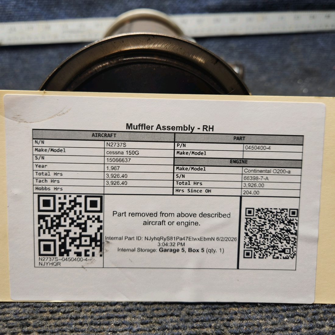 Used aircraft parts for sale, 0450400-4 cessna 150G Muffler Assembly - RH