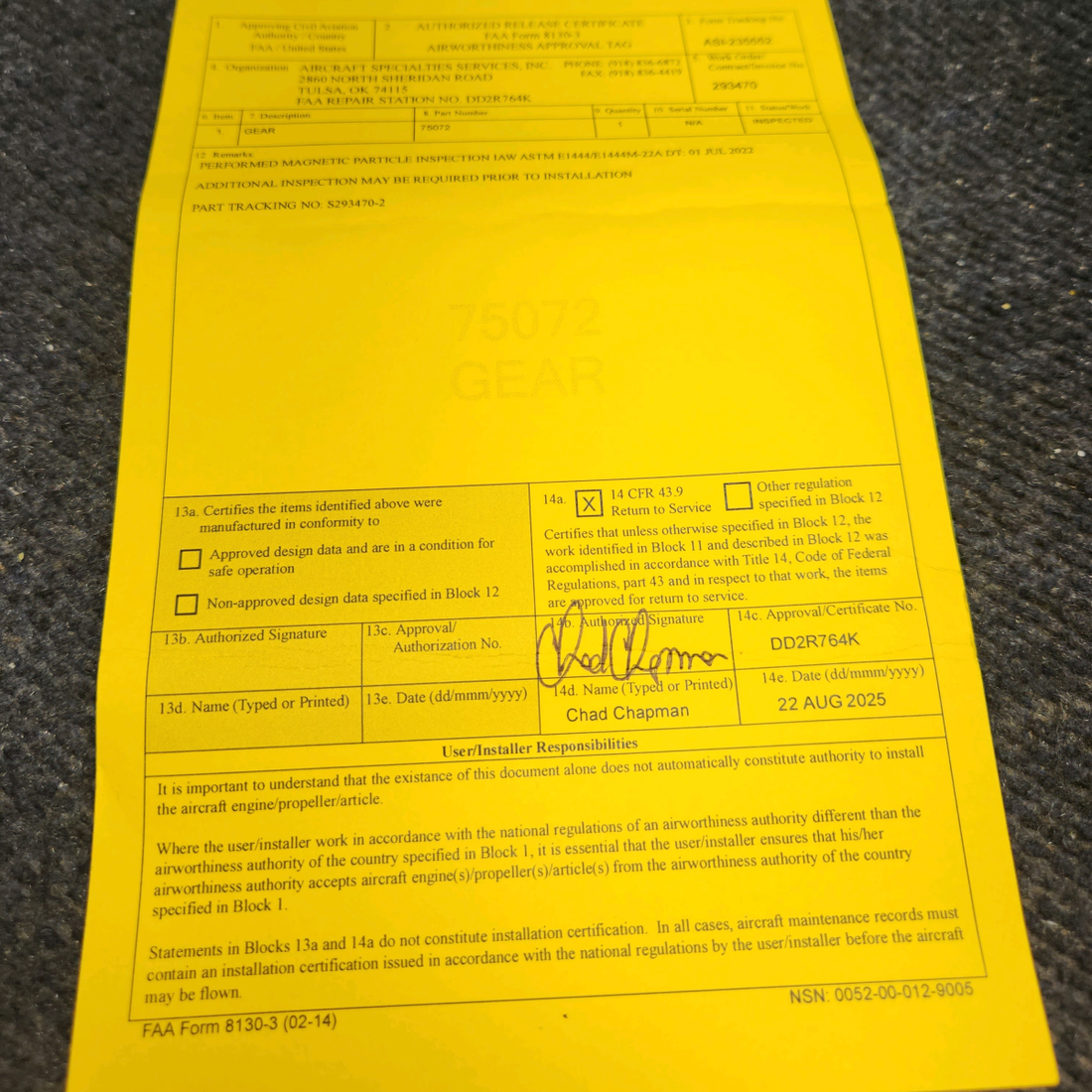 Used aircraft parts for sale, 75072 Lycoming O-320 Piper PA28-140 Gear Assembly Crankshaft Idler with 8130-1