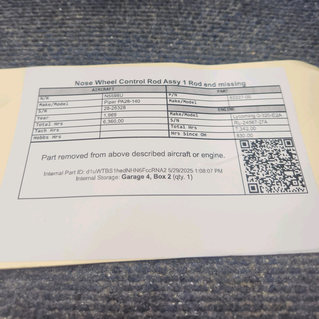 Used aircraft parts for sale, 63327-00 Piper PA28-140 Nose Wheel Control Rod Assy -  One Rod end missing