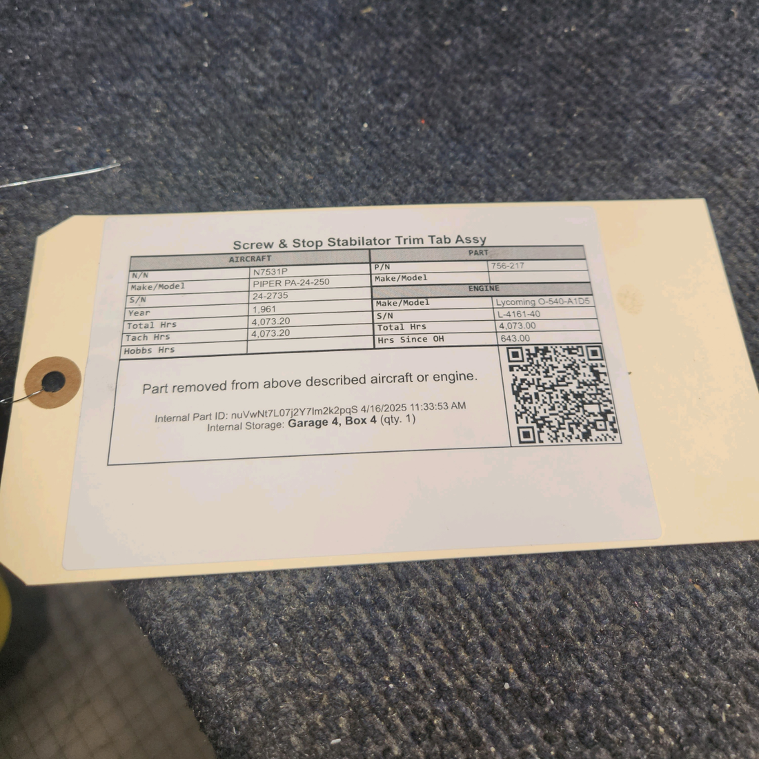 Used aircraft parts for sale, 756-217 PIPER PA-24-250 Screw & Stop Stabilator Trim Tab Assy