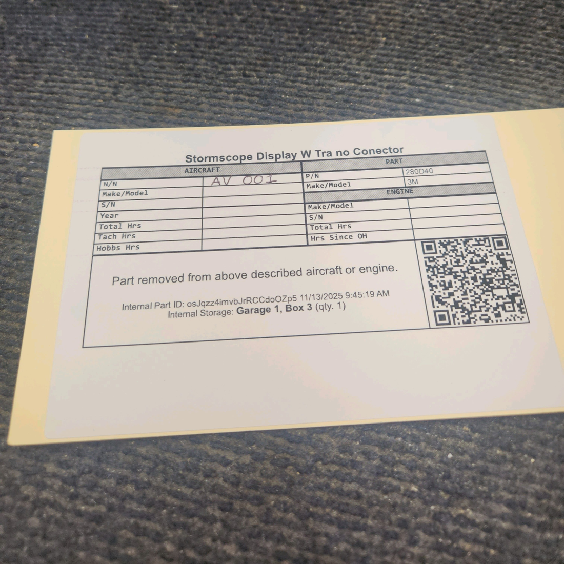 Used aircraft parts for sale, 280D40 3M WX-10 Piper PA34-200T Stormscope Display W Tray NO Connector