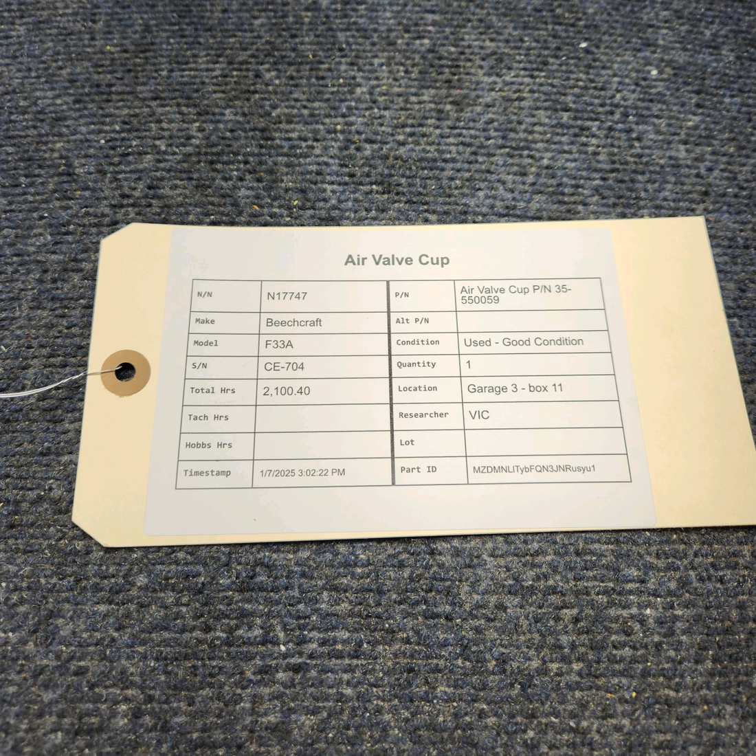 Used aircraft parts for sale, 35-550059 Beechcraft F33A AIR VALVE CUP