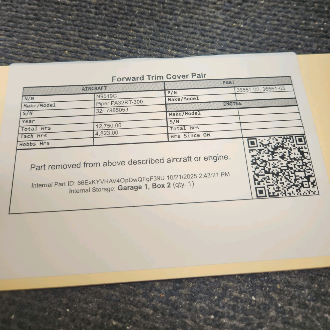 Used aircraft parts for sale, 36551-02 Piper PA32RT-300 Forward Trim Cover - Pair