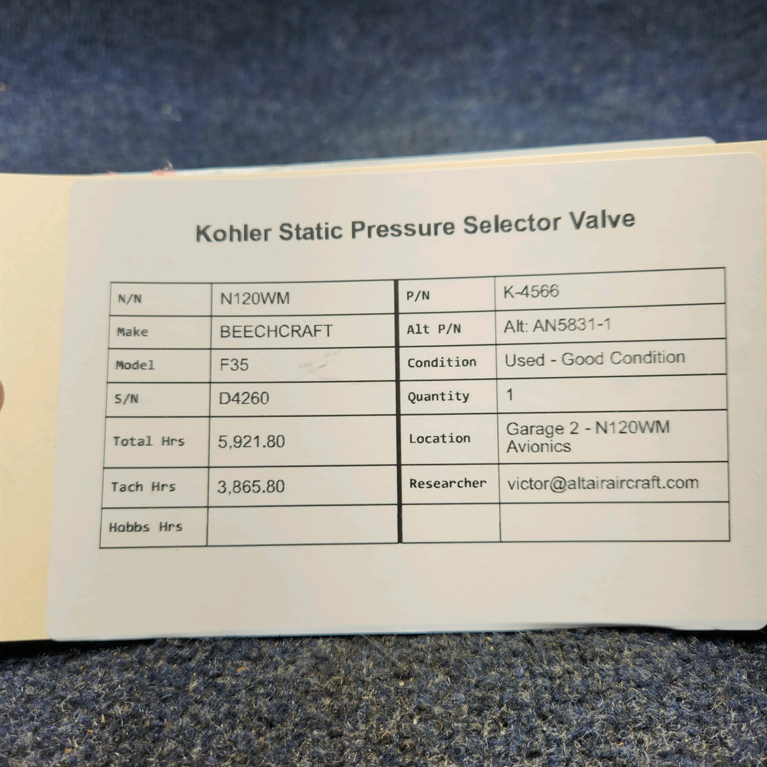 Used aircraft parts for sale, K-4566 BEECHCRAFT F35 KOHLER STATIC PRESSURE SELECTOR VALVE