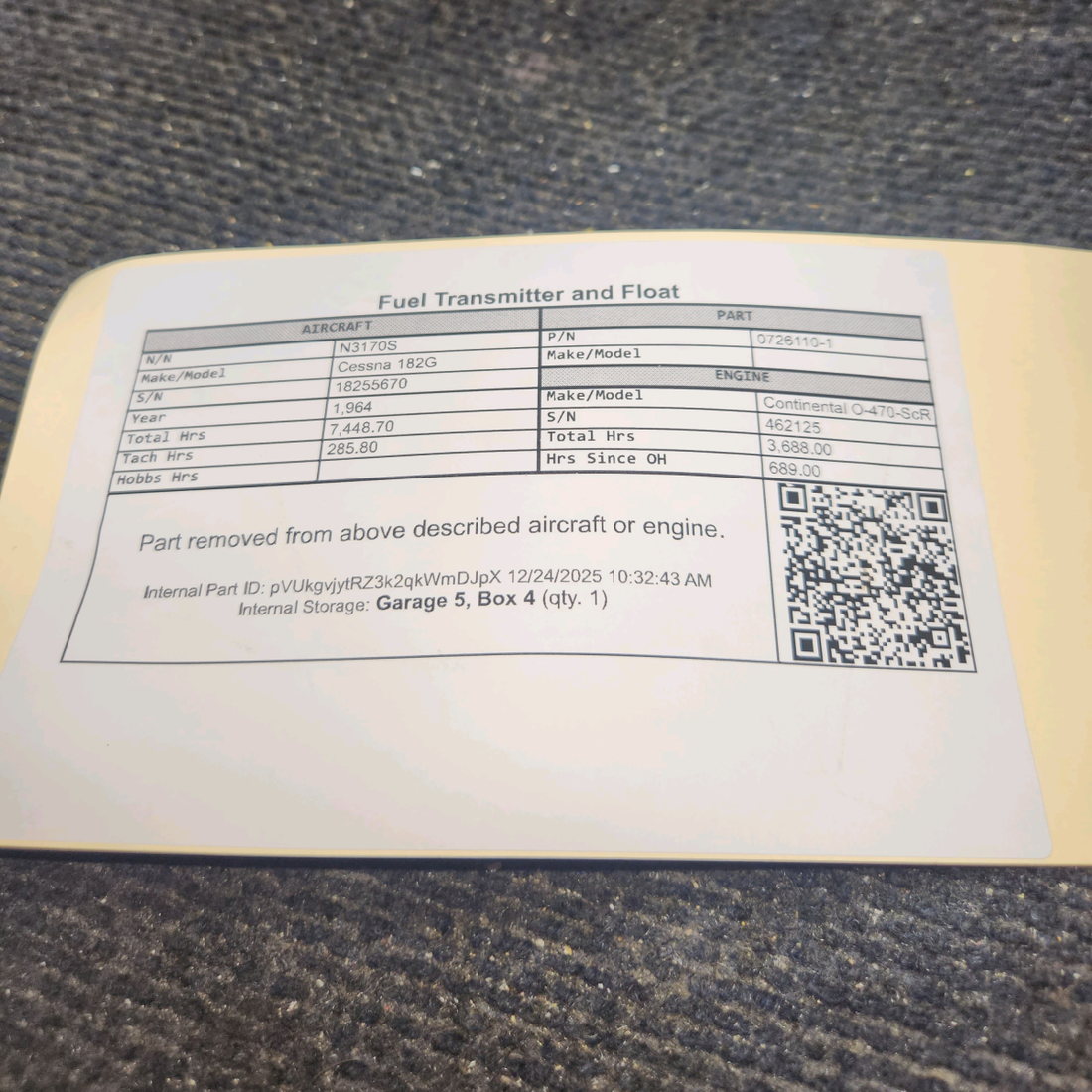 Used aircraft parts for sale, 0726110-1 Cessna 182G Fuel Transmitter and Float
