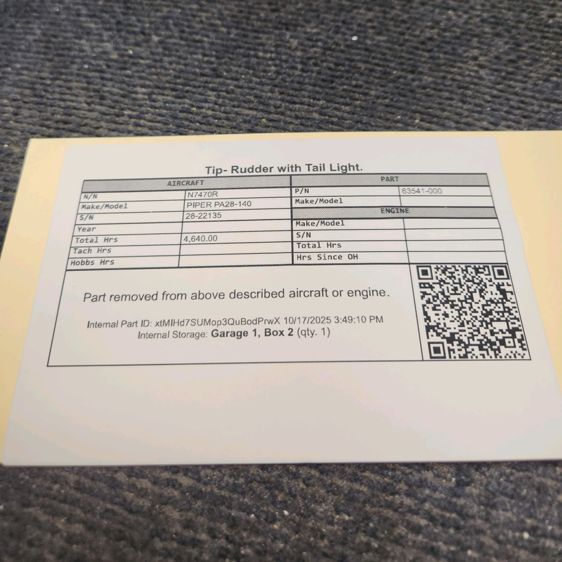 Used aircraft parts for sale, 63541-000 PIPER PA28-140 Tip- Rudder with Tail Light.