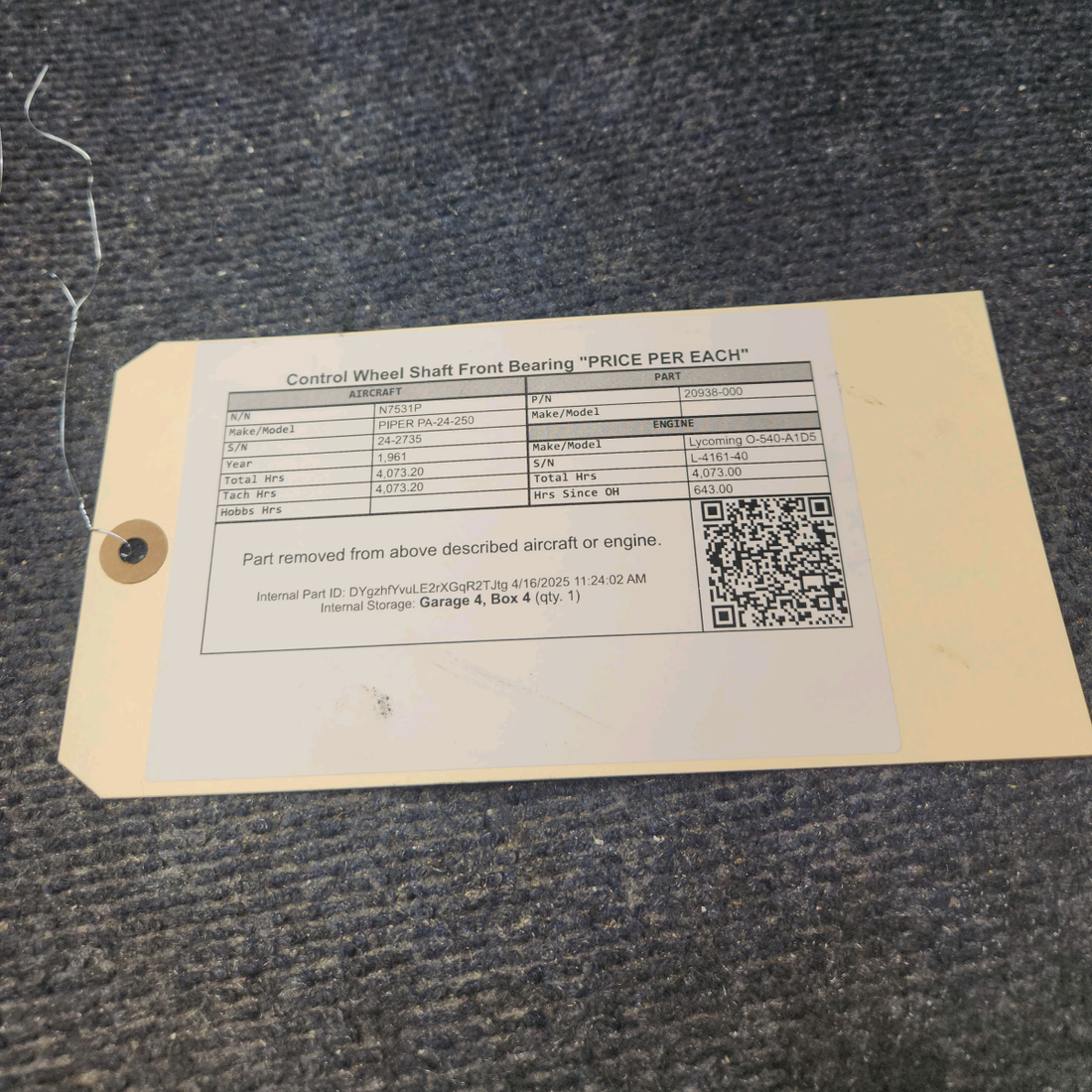 Used aircraft parts for sale, 20938-000 PIPER PA-24-250 Control Wheel Shaft Front Bearing "PRICE PER EACH"