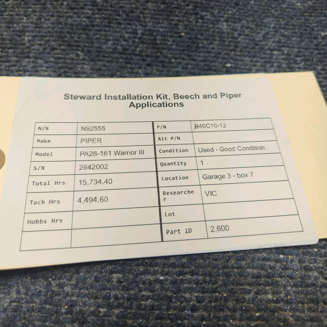 Used aircraft parts for sale, B40C10-12 PIPER PA28-161 Warrior III STEWARD INSTALLATION KIT, BEECH AND PIPER APPLICATIONS