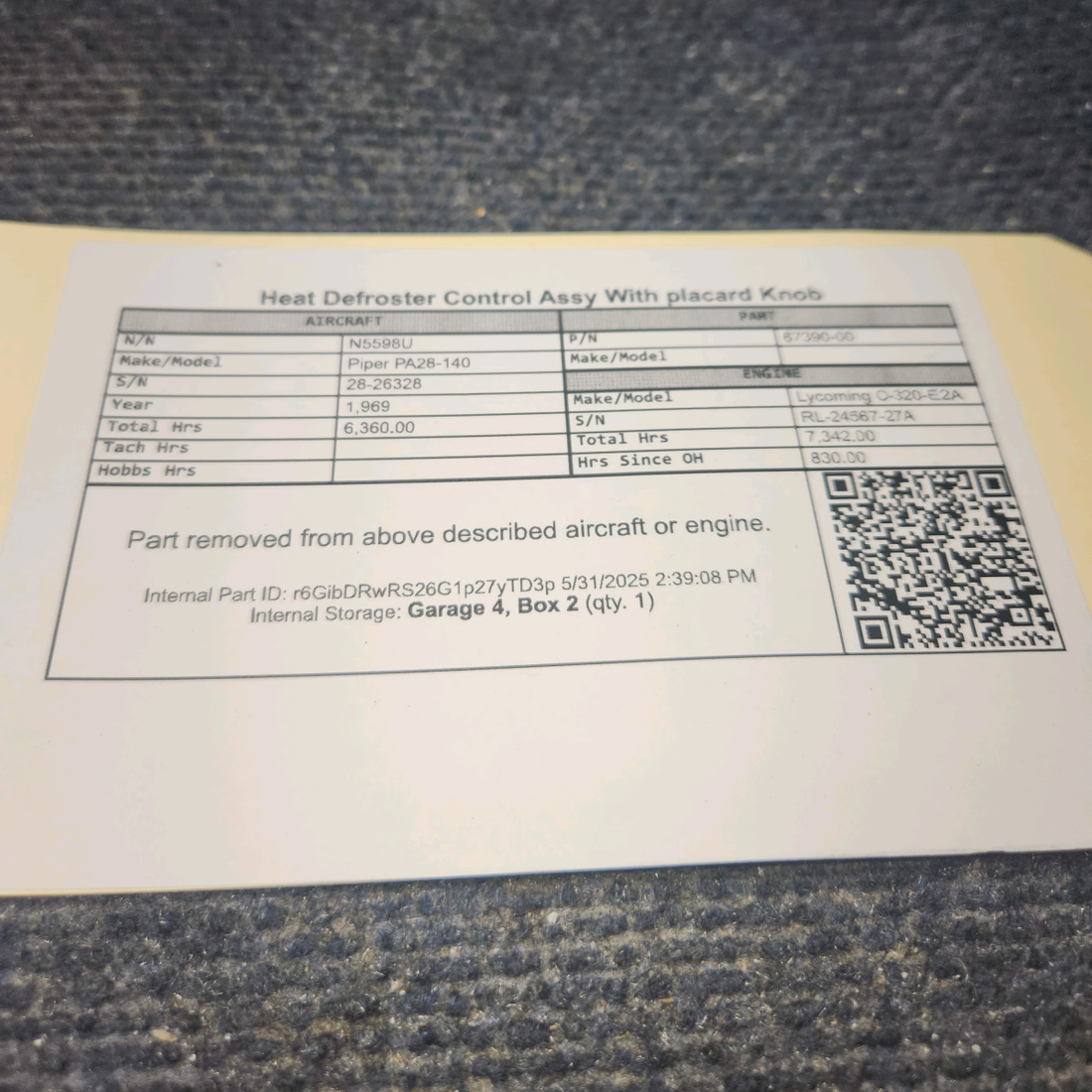 Used aircraft parts for sale, 67390-00 Piper PA28-140 Heat Defroster Ctrl Assy w/ Placard & Knob.