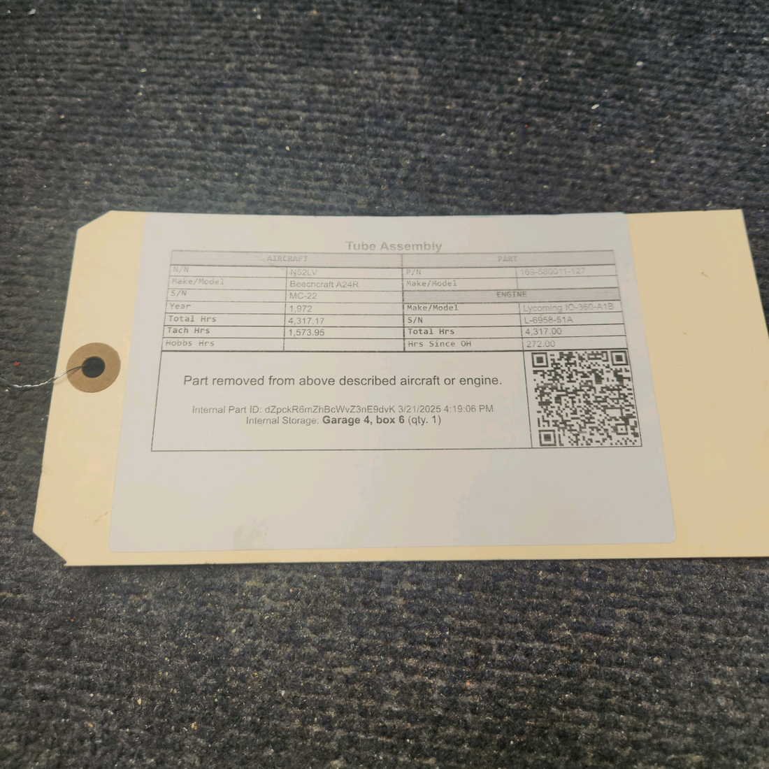 Used aircraft parts for sale, 169-580011-127 Beechcraft A24R Tube Assembly