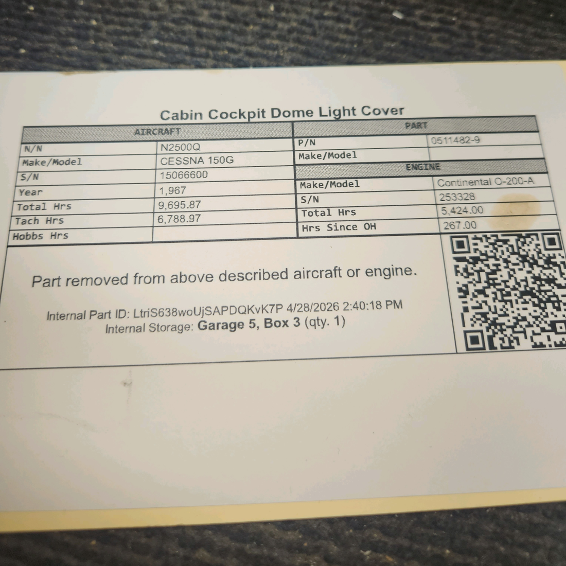 Used aircraft parts for sale, 0511482-9 cessna 150G Cabin/Cockpit Dome Light Cover