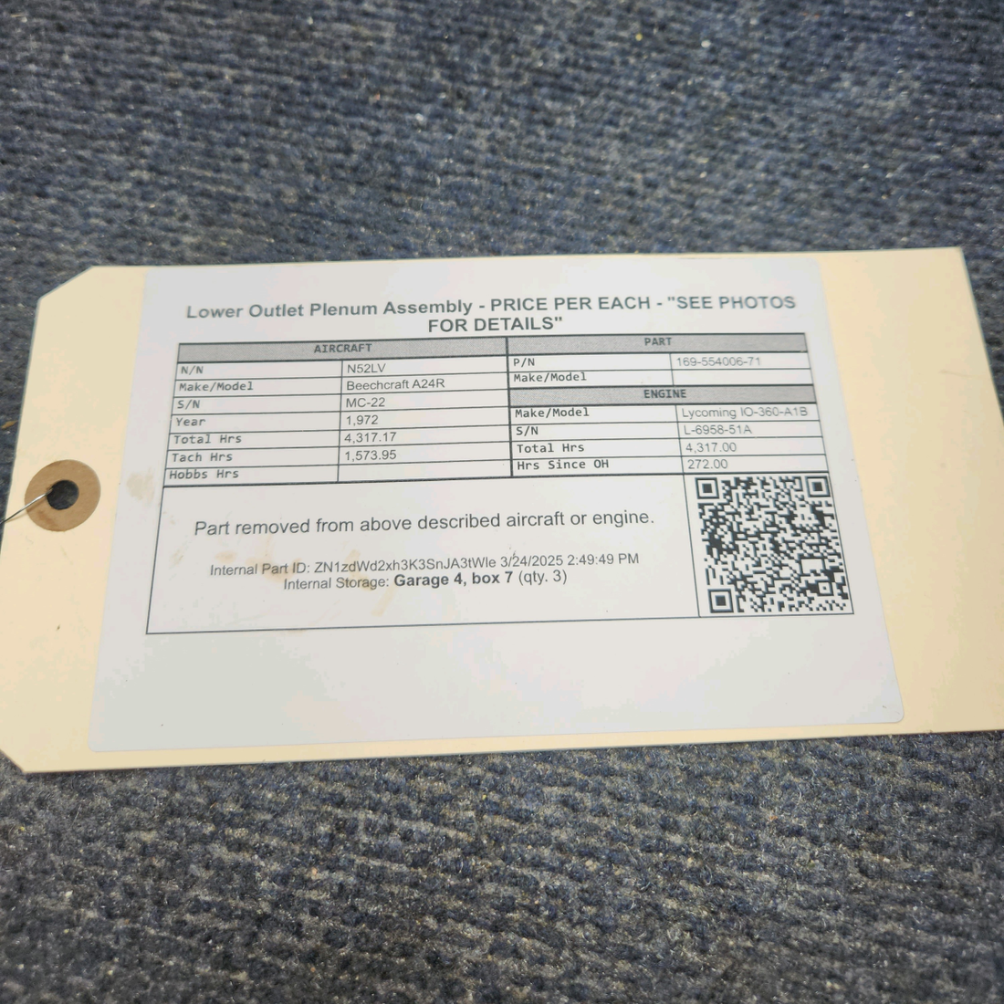 Used aircraft parts for sale, 169-554006-71 Beechcraft A24R Lower Outlet Plenum Assembly - PRICE PER EACH -  "SEE PHOTOS FOR DETAILS"