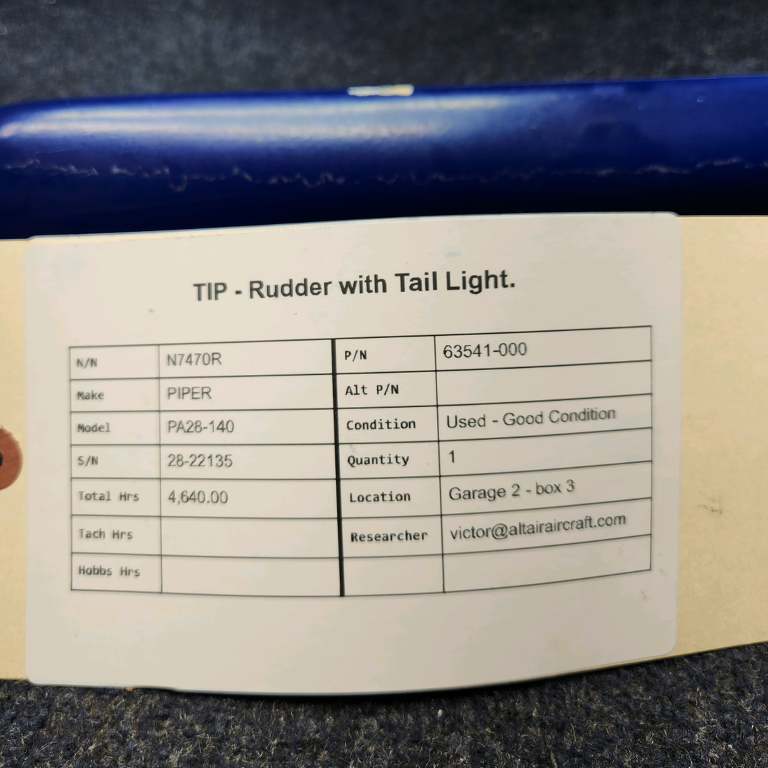 Used aircraft parts for sale, 63541-000 PIPER PA28-140 RUDDER TIP WITH TAIL LIGHT.