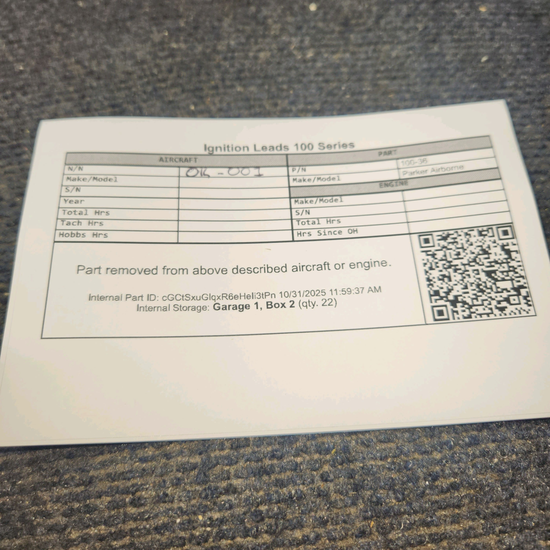 Used aircraft parts for sale, 100-36 Parker Airborne 100 Series Continental, Lycoming Repair Kit for Ignition Leads 100 Series