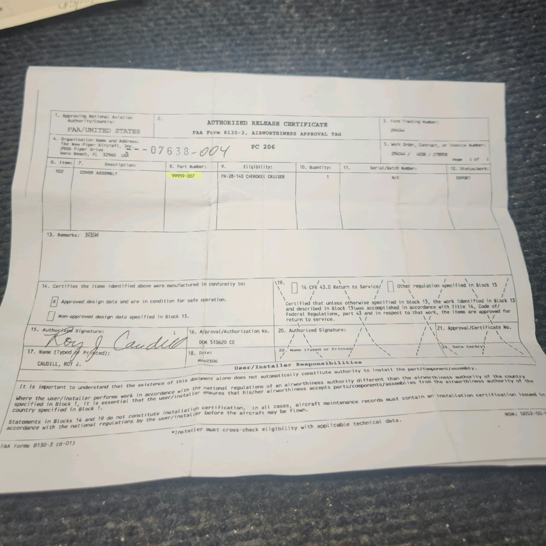 Used aircraft parts for sale, 99959-007 Piper Instrument Panel Covers Upper LH