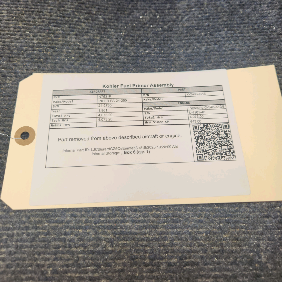 Used aircraft parts for sale, K-2406-SAE Kohler Engine PIPER PA-24-250 Fuel Primer Assembly