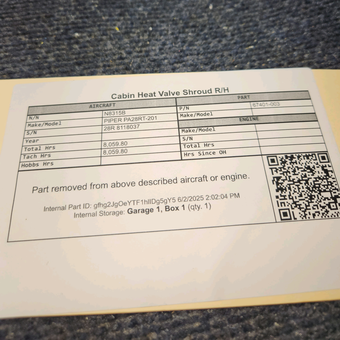 Used aircraft parts for sale, 68556-001 PIPER PA28RT-201 Cabin Heat Valve Shroud - R.H