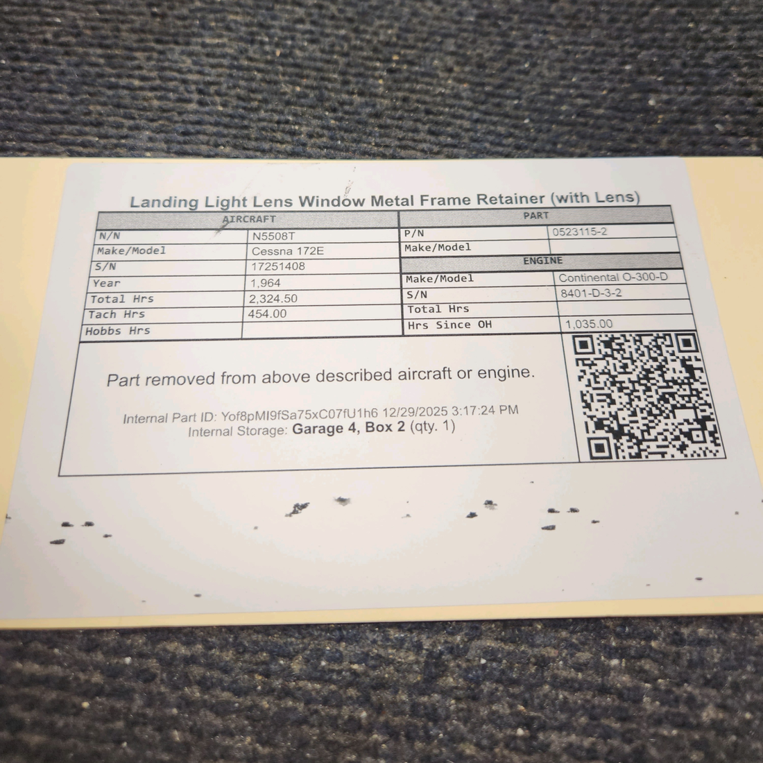 Used aircraft parts for sale, 0523115-2 Cessna 172E Landing Light Lens Window Metal Frame Retainer (with Lens)