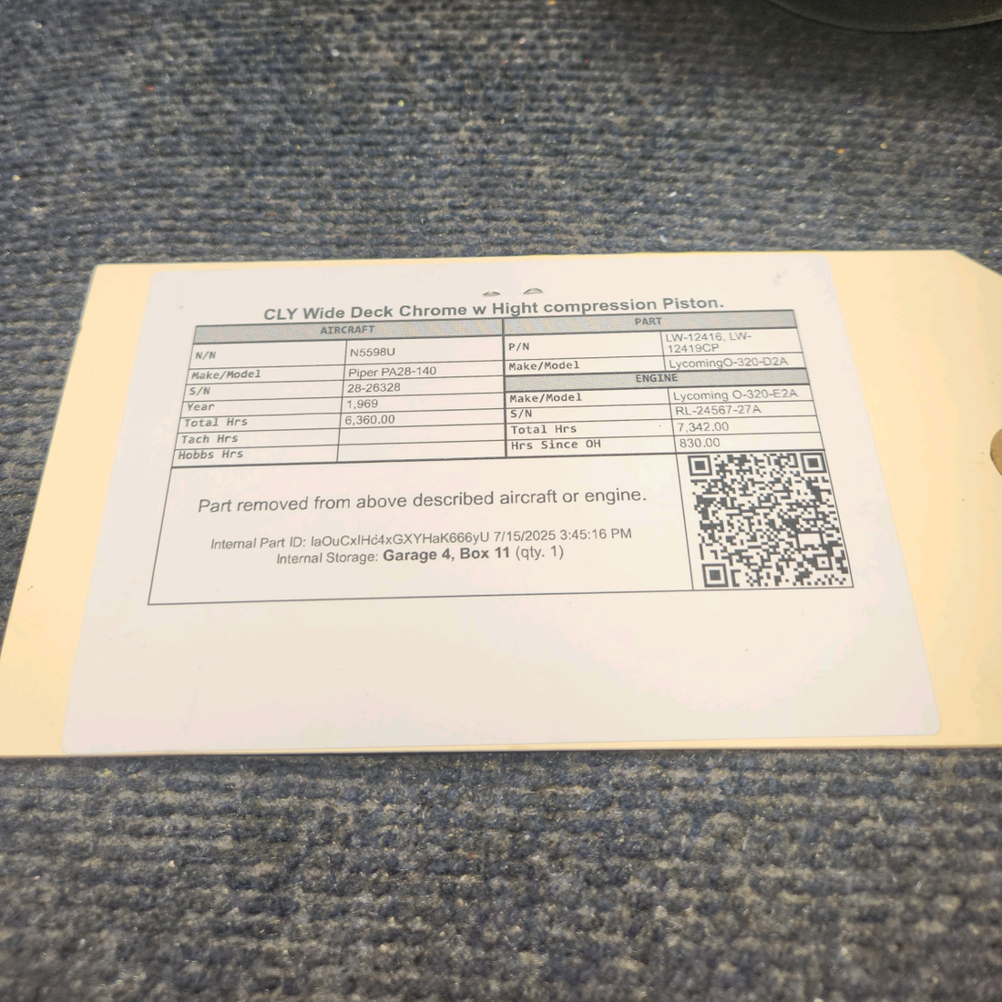 Used aircraft parts for sale, LW-12416 Lycoming O-320-D2A Piper PA28-140 CLY Wide Deck Chrome with High Compression Piston