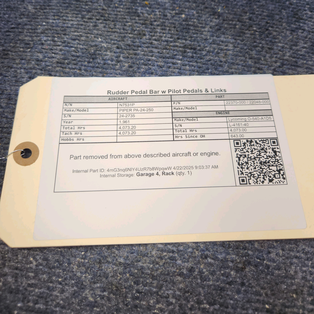 Used aircraft parts for sale, 22370-000 / 22048-000 PIPER PA-24-250 Rudder Pedal Bar w Pilot Pedals & Links