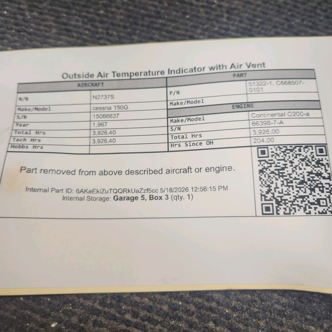Used aircraft parts for sale, 51322-1 cessna 150G Outside Air Temperature Indicator with Air Vent