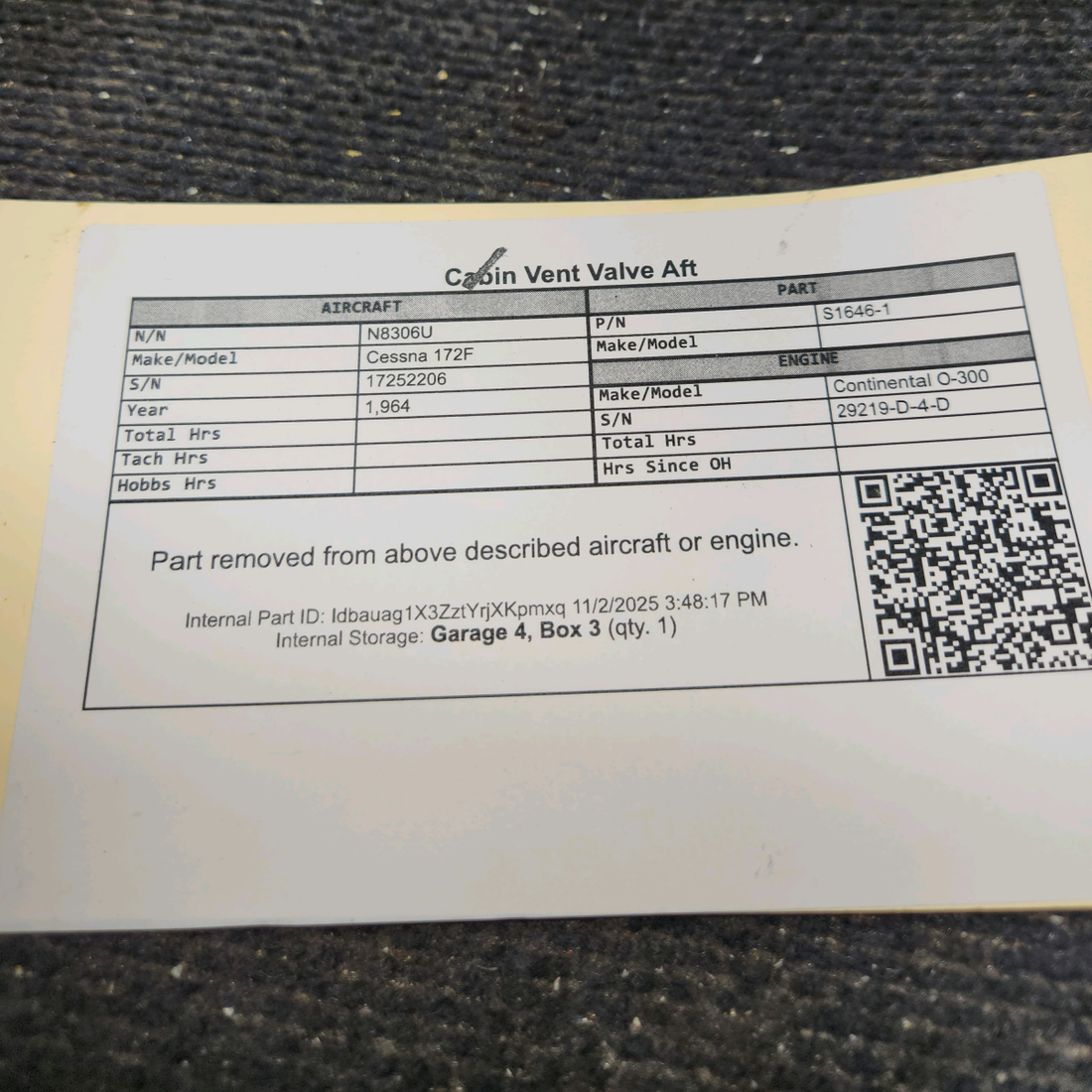 Used aircraft parts for sale, S1646-1 Cessna 172F Cabin Vent Valve Aft