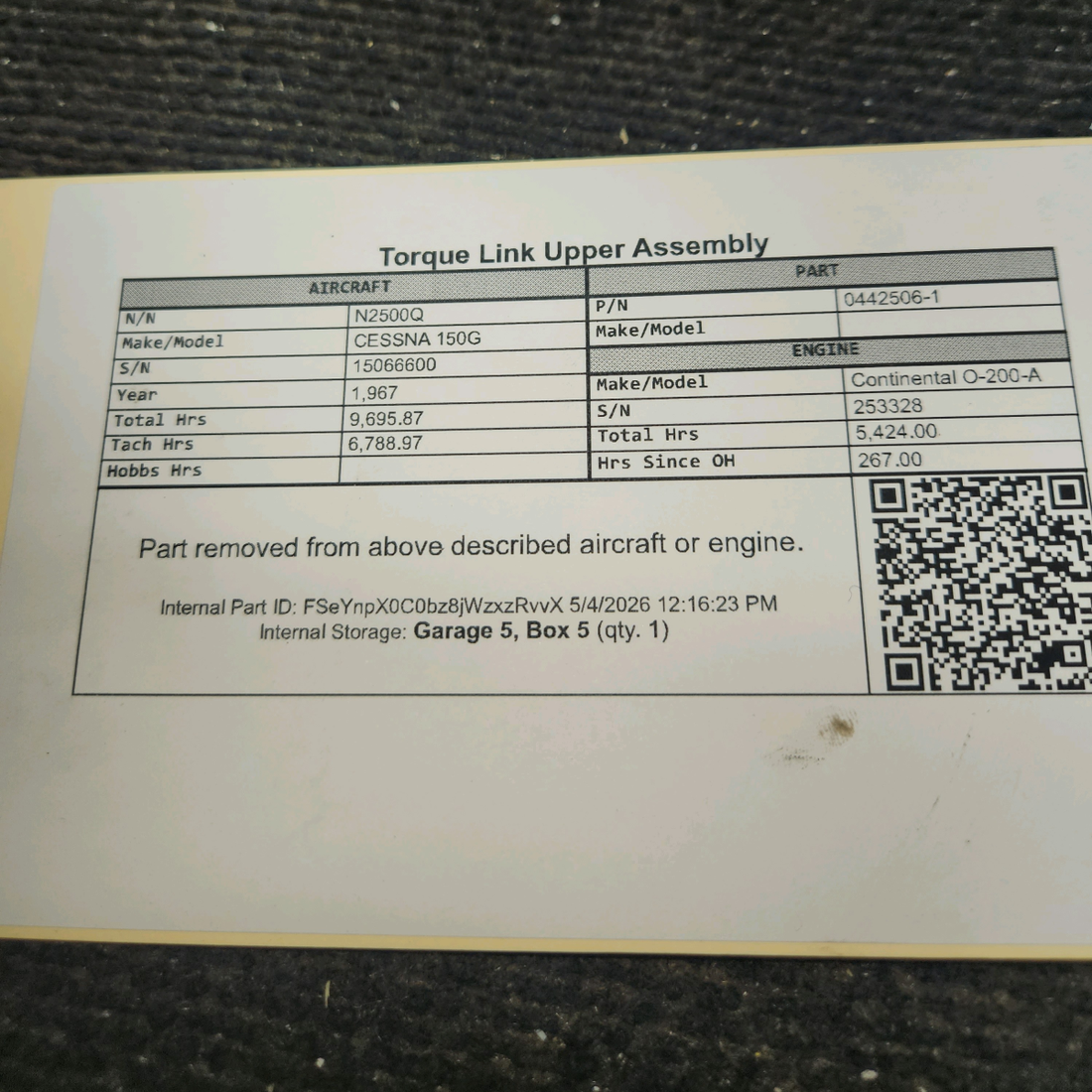 Used aircraft parts for sale, 0442506-1 cessna 150G Torque Link Upper Assembly