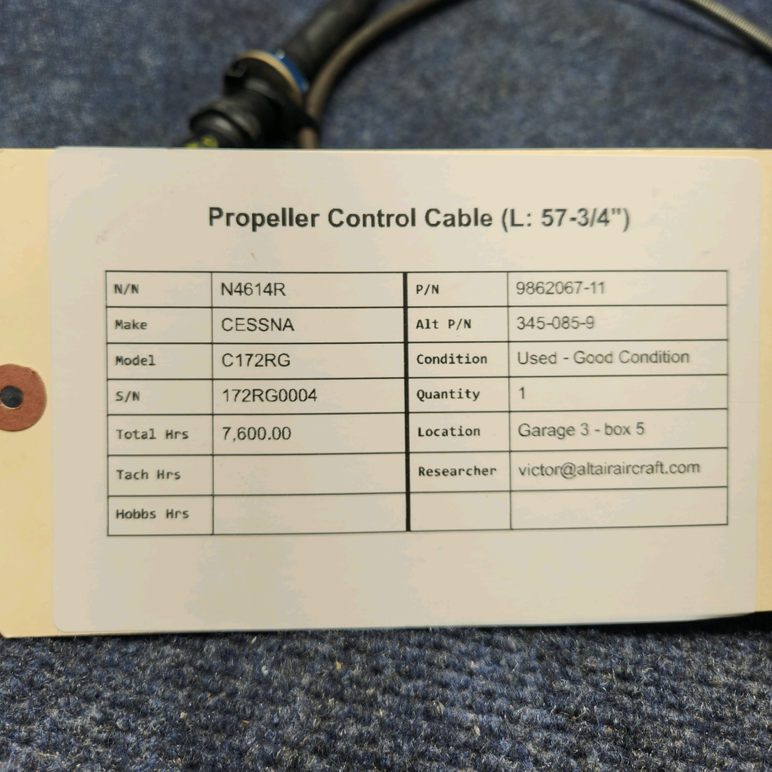 Used aircraft parts for sale, 9862067-11 CESSNA C172RG PROPELLER CONTROL CABLE (L: 57-3/4")